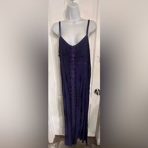 Raja washed purple rayon sleeveless button-up dress with floral embroidery.